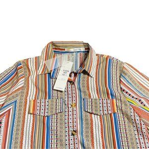 Boho Striped Collared Button Down Blouse Long Flowy Vibrant Beach Style